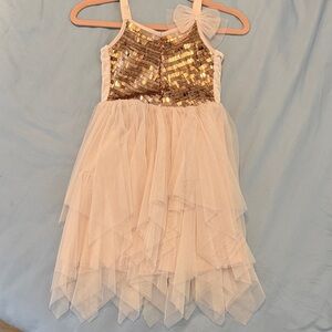 Zhenzi Girls Small Gold Sequin and Pink Tulle Girls Dress